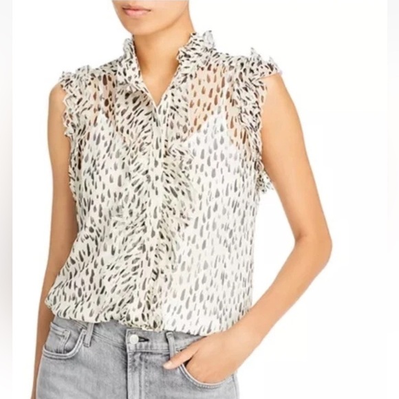 7 FOR ALL MANKIND Sleeveless Top With Ruffles in Snow Leopard/Black & White-Med - Picture 2 of 11